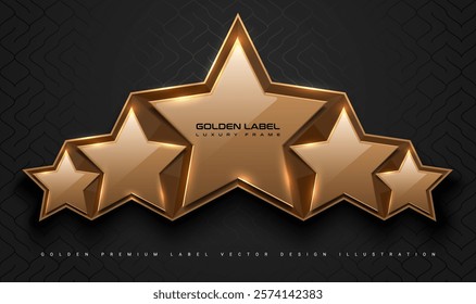 Gold glossy 5 star top rank logo badge frame. Luxury polygonal stone sign, golden rim border, black background. Abstract vector premium achievement five star glass icon. Reflection gold light effect