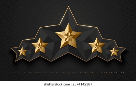 Gold glossy 5 star top rank logo badge frame. Luxury polygonal stone sign, golden rim border, black background. Abstract vector premium achievement five star glass icon. Reflection gold light effect