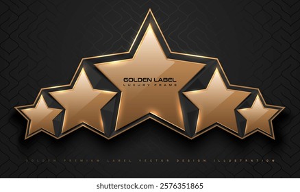 Gold glossy 5 star top rank logo badge frame. Luxury polygonal stone sign, golden rim border, black background. Abstract vector premium achievement five star glass icon. Reflection gold light effect