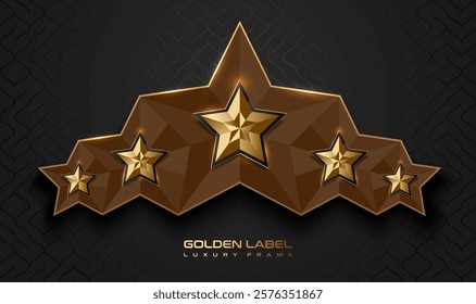 Gold glossy 5 star top rank logo badge frame. Luxury polygonal stone sign, golden rim border, black background. Abstract vector premium achievement five star glass icon. Reflection gold light effect