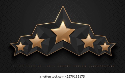 Gold glossy 5 star top rank logo badge frame. Luxury polygonal stone sign, golden rim border, black background. Abstract vector premium achievement five star glass icon. Reflection gold light effect