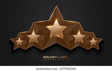 Gold glossy 5 star top rank logo badge frame. Luxury polygonal stone sign, golden rim border, black background. Abstract vector premium achievement five star glass icon. Reflection gold light effect