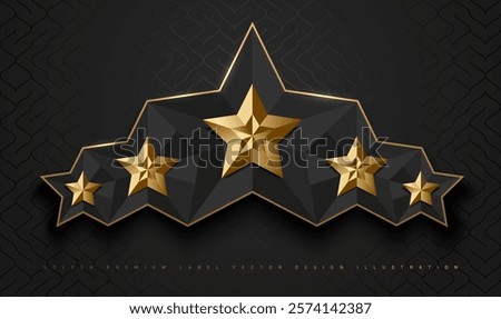 Gold glossy 5 star top rank logo badge frame. Luxury polygonal stone sign, golden rim border, black background. Abstract vector premium achievement five star glass icon. Reflection gold light effect