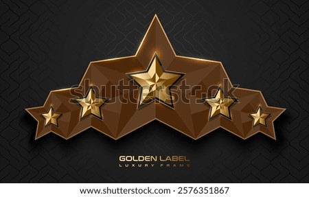 Gold glossy 5 star top rank logo badge frame. Luxury polygonal stone sign, golden rim border, black background. Abstract vector premium achievement five star glass icon. Reflection gold light effect