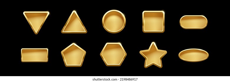 Gold glossy badges of different geometric shapes with frames and shine light effect vector illustration set. Golden medal of square rectangle triangle star hexagon pentagon ellipse on black background