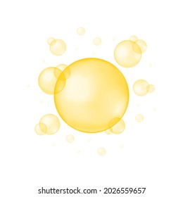 Gold glossy bubbles on white background. Collagen droplets, keratin, serum, jojoba cosmetic oil, vitamin A or E, omega fatty acid balls. Vector realistic illustration.