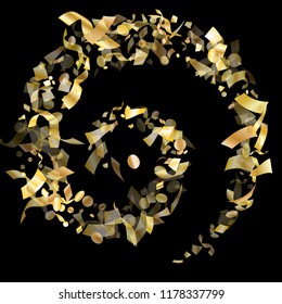 Gold glossy confetti flying on black holiday vector graphics. Luxurious flying sparkle elements, gold foil texture serpentine streamers confetti falling christmas vector.