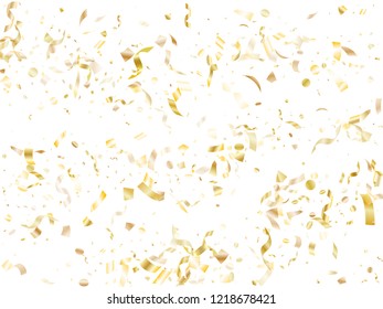 Gold glossy confetti flying on white holiday vector backdrop. Luxurious flying tinsel elements, gold foil gradient serpentine streamers confetti falling festive background.