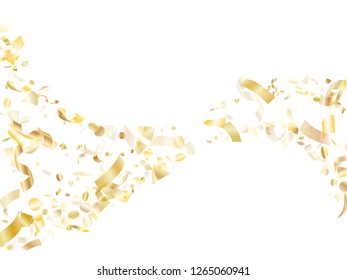 Gold glossy confetti flying on white holiday vector backdrop. Creative flying tinsel elements, gold foil gradient serpentine streamers confetti falling xmas vector.