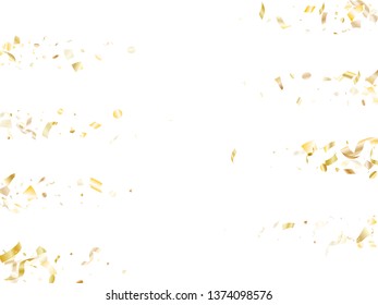 Gold glossy confetti flying on white holiday banner background. Rich flying tinsel elements, gold foil texture serpentine streamers confetti falling anniversary background.