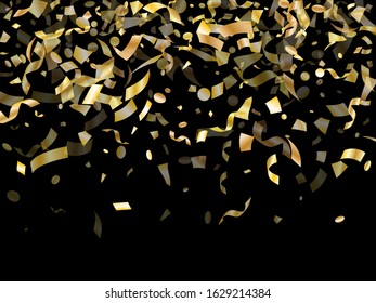Gold glossy confetti flying on black holiday vector design. Beautiful flying tinsel elements, gold foil gradient serpentine streamers confetti falling anniversary background.