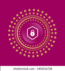 gold glossy emblem with security icon. lock and shield icon.