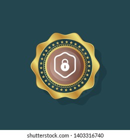 gold glossy emblem with security icon. lock and shield icon.