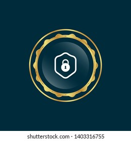gold glossy emblem with security icon. lock and shield icon.