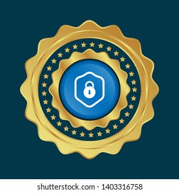 gold glossy emblem with security icon. lock and shield icon.