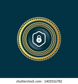 gold glossy emblem with security icon. lock and shield icon.