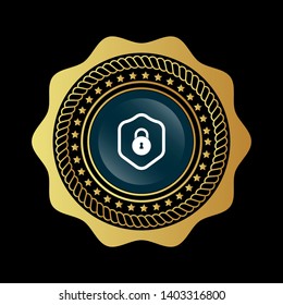 gold glossy emblem with security icon. lock and shield icon.