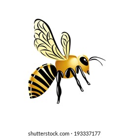 Gold glossy illustrated wasp, striped yellow insect on white background. 