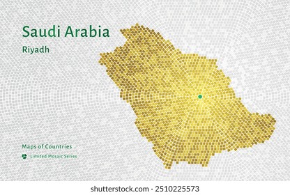 Mapa dorado y brillante de Arabia Saudita: Un mapa en mosaico con Riad en el centro