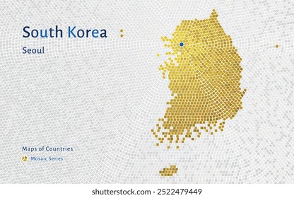 Mapa dorado brillante de Corea del Sur: un mapa de mosaico hexagonal con Seúl en su centro