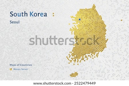 Gold Glossy map of South Korea: A Hexagon Mosaic Map with Seoul at its Center