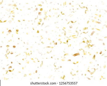 Gold glossy realistic confetti flying on white holiday vector backdrop. Glamour flying tinsel elements, gold foil gradient serpentine streamers confetti falling festive background.