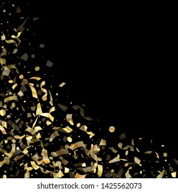 Gold glossy realistic confetti flying on black holiday vector graphics. Modern flying tinsel elements, gold foil texture serpentine streamers confetti falling new year background.