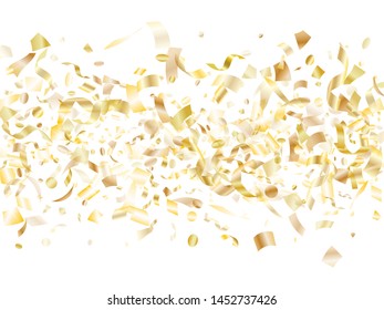 Gold glossy realistic confetti flying on white holiday vector graphic design. Beautiful flying tinsel elements, gold foil texture serpentine streamers confetti falling christmas background.