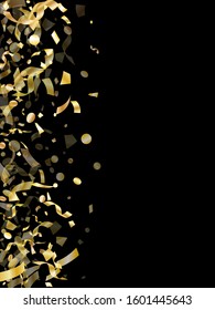 Gold glossy realistic confetti flying on black holiday vector graphic design. Chic flying tinsel elements, gold foil texture serpentine streamers confetti falling anniversary background.