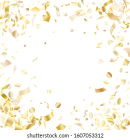 Gold glossy realistic confetti flying on white holiday poster background. VIP flying sparkle elements, gold foil texture serpentine streamers confetti falling xmas vector.