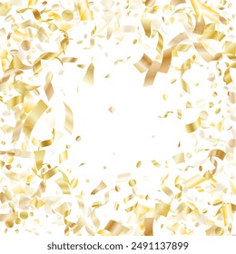 Gold glossy realistic confetti flying on white holiday banner background. Modern flying tinsel elements, gold foil gradient serpentine streamers confetti falling birthday background.