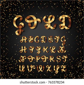 Gold and Glossy shining font. Golden ribbon. Alphabet letters. English script lowercase, uppercase. 3d alphabets set. Elements design.Strips folding abc. Vector illustration.
