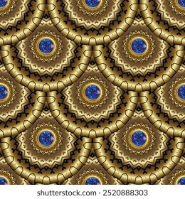 Gold glow 3d mandalas seamless jewelry pattern with blue sapphires gemstones. Luxury ornamental vector background. Intricate ethnic arabesque style glowing ornaments. Ornate beautiful endless texture.