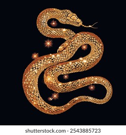 Gold glow 3d ornamental chinese snake with patterned textured glittery skin. Happy Chinese new year 2025 glowing snake Zodiac sign, year of the Snake. Luxury ornate decorative trendy surface 3d snake.