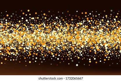 Gold Glow Effect Brown Dark Background. Abstract Confetti Invitation. Golden Shine Falling Banner. Dust Luxury Postcard.