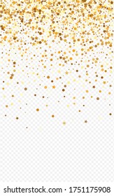 Gold Glow Falling Transparent Background. Abstract Shine Invitation. Golden Sparkle Holiday Texture. Polka Bright Wallpaper.
