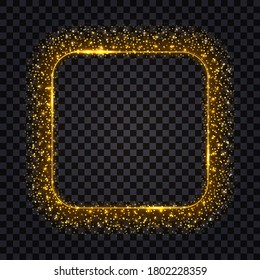 Gold glow frame border. Sparkle glitter, neon light effect, square shape. Golden shiny stardust. Luxurious design element isolated on transparent background. Vector illustration