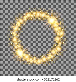 Gold glow glitter circle frame with stars on transparent background. Vector illustration.