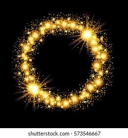 Gold glow glitter circle frame with stars on black background. Vector illustration.