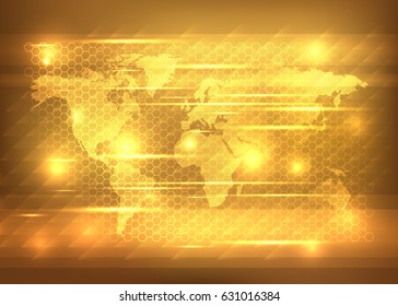 Gold glow global network abstract  background. World Map Points. Vector illustration.