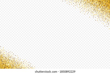Gold Glow Isolated Transparent Background. Effect Confetti Backdrop. Golden Rain Transparent Wallpaper. Sparkle Vector Postcard.