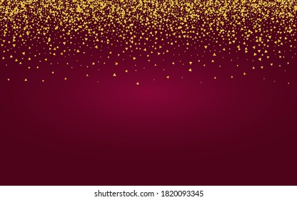 Gold Glow Light Burgundy Background. Glamour Confetti Card. Golden Triangle Shiny Backdrop. Rain Golden Illustration.