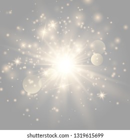 Gold glow light effect with white sparks and golden stars shine with special light.White glowing light. Star Light from the rays. The sun is backlit. Bright beautiful star. Sunlight. EPS10.