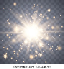 Gold glow light effect with white sparks and golden stars shine with special light.White glowing light. Star Light from the rays. The sun is backlit. Bright beautiful star. Sunlight. EPS10.
