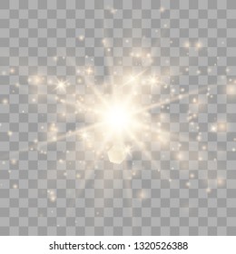 Gold glow light effect with white sparks and golden stars shine with special light.White glowing light. Star Light from the rays. The sun is backlit. Bright beautiful star. Sunlight. EPS10.