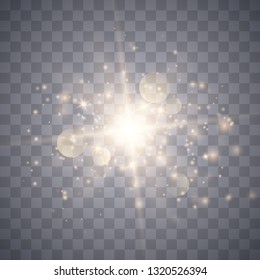 Gold glow light effect with white sparks and golden stars shine with special light.White glowing light. Star Light from the rays. The sun is backlit. Bright beautiful star. Sunlight. EPS10.
