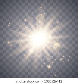 Gold glow light effect with white sparks and golden stars shine with special light.White glowing light. Star Light from the rays. The sun is backlit. Bright beautiful star. Sunlight. EPS10.