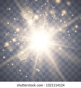Gold glow light effect with white sparks and golden stars shine with special light.White glowing light. Star Light from the rays. The sun is backlit. Bright beautiful star. Sunlight. EPS10.