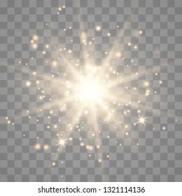 Efecto luminoso dorado con chispas blancas y estrellas doradas brillan con luz especial.Luz blanca brillante. Star Light de los rayos. El sol está iluminado. Hermosa estrella. Luz solar. EPS10.