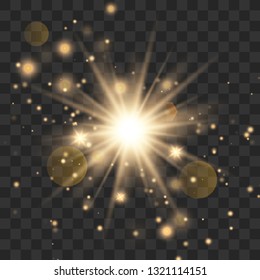 Gold glow light effect with white sparks and golden stars shine with special light.White glowing light. Star Light from the rays. The sun is backlit. Bright beautiful star. Sunlight. EPS10.
